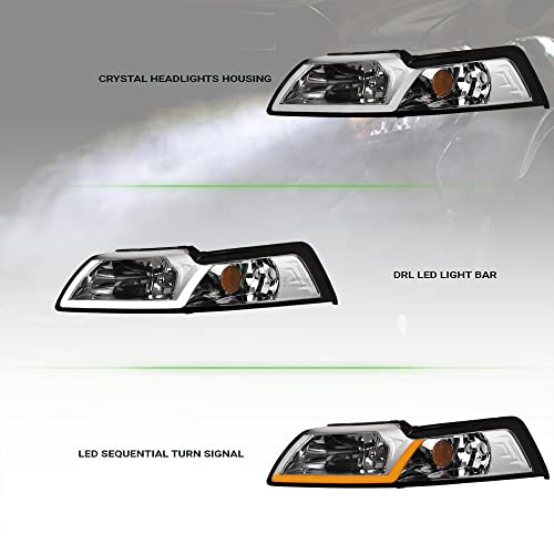 7422440591543 Compatible With 1999-2004 Ford Mustang Switchback Sequential LED Strip Bar Chrome Housing Headlights With Amber Reflector