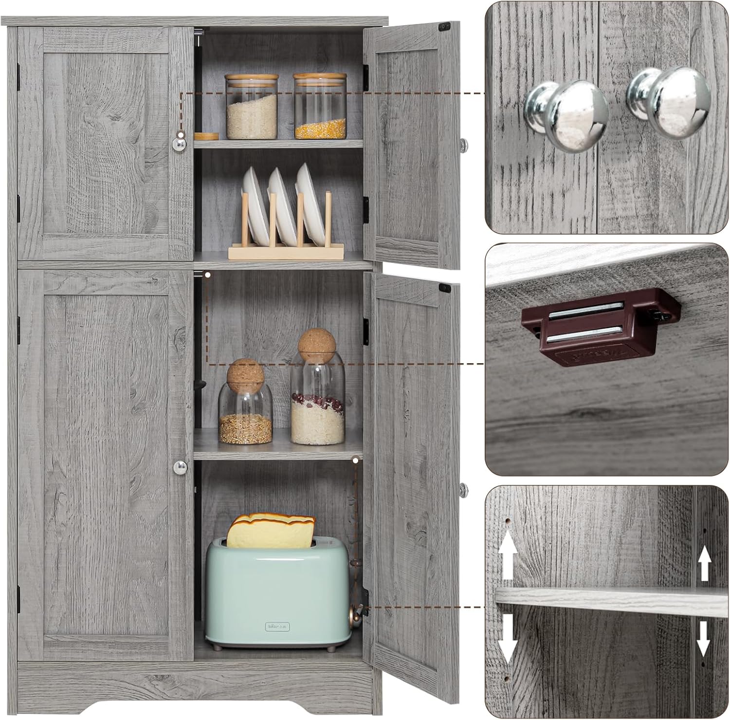 Iwell Storage Cabinet, Bathroom Cabinet with 4 Doors & Adjustable Shelf, Cupboard, Bathroom Floor Cabinet for Living Room, Entryway, Home Office, Grey