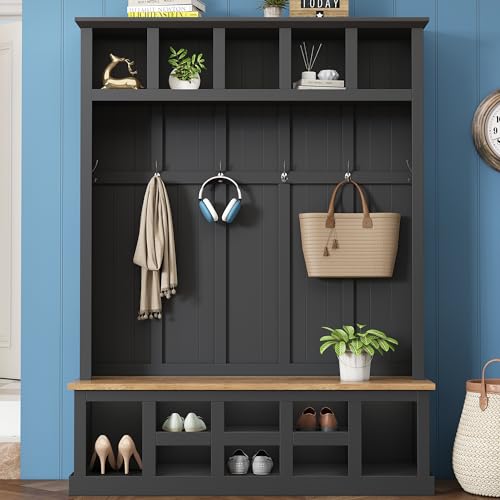 5-in-1 Design Hall Tree with Coat Rack, Cushion and 3 Hooks, 47.2'' Wood Coat Hanger with Shoe Storage Bench and Top Open Storage Shelves Entrance Hallway Living Room (White-47W)