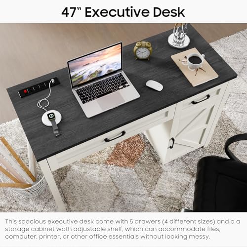 Farmhouse 47" Executive Desk, Computer Desk with Drawers and Storage Cabinet, Workstation Computer Desk for Study and Home Office