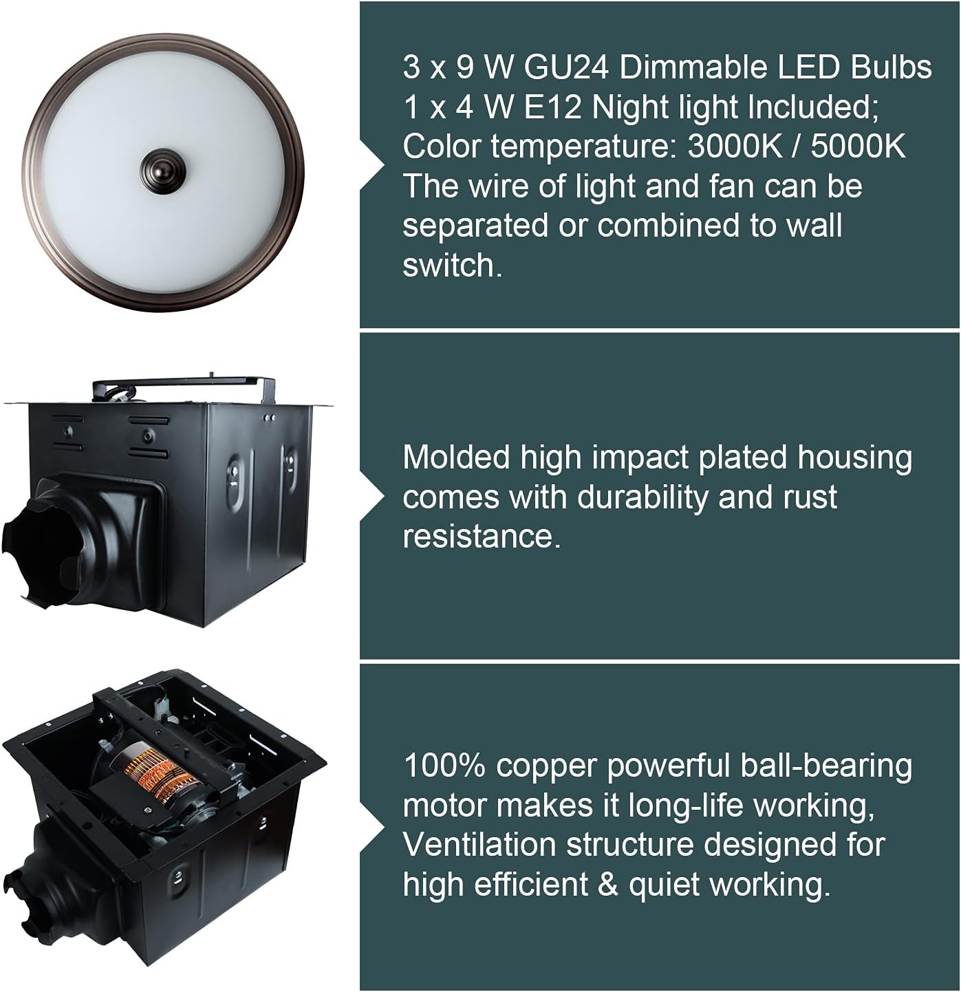 Akicon Ultra Quiet 110 CFM Round Exhaust Bathroom Fan with Warm Light and Nightlight Bronze (3x9W GU24 Base LED Bulbs and 1pcs E12 Nightlight Included)