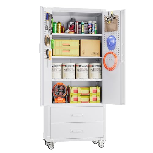 Aobabo 73''H Metal Garage Storage Cabinet with Wheels and Pegboards, 4 Adjustable Shelves Steel Storage Cabinets for Home,Warehouse,Garage,Assembly Required,White