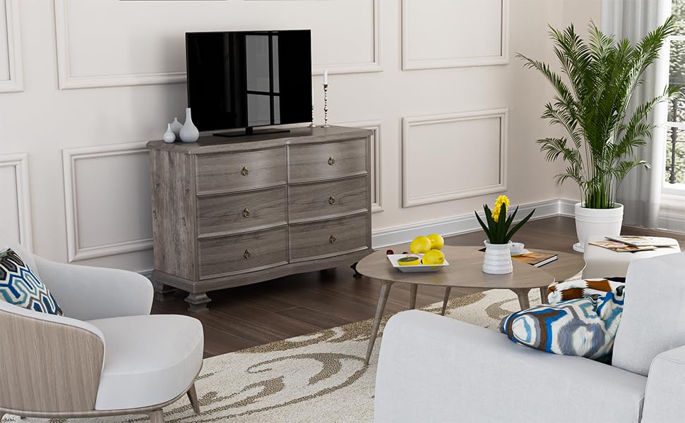 White 6 Drawer Wooden Dresser, Tall Dressers for Bedroom, Chest of Drawers Closet Organizers and Storage for Clothes - Easy Pull Handle, Textured Borders Drawers for Living Room, Hallway