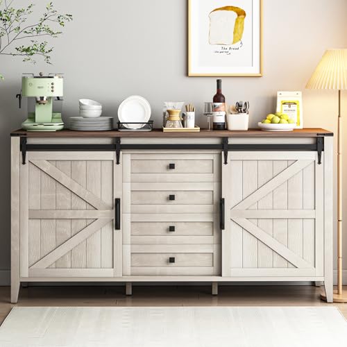 Farmhouse Dresser for Bedroom, 60" Long Dresser with 4 Drawers & Sliding Barn Door, Wide Wood Dresser, Tall TV Stand for Living Room, Buffet Cabinet with Storage Chest, White
