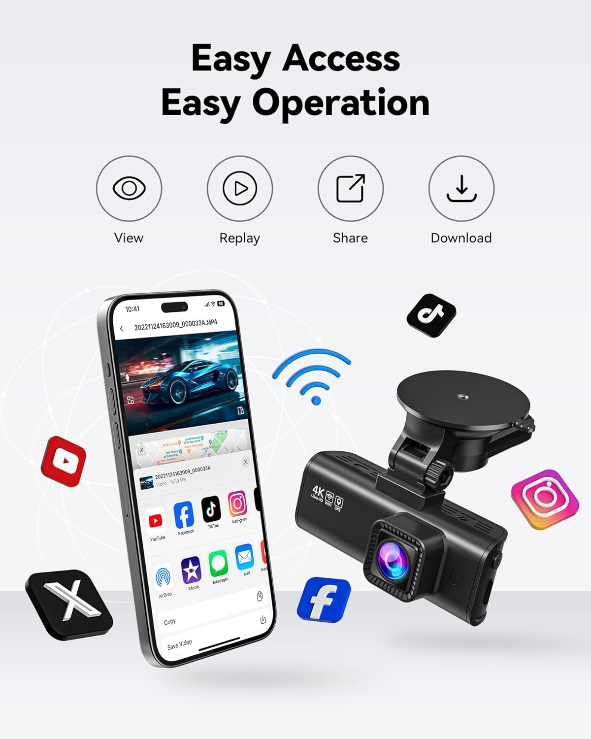 Dash Cam Front Rear, 4K/2.5K Full HD Dash Camera for Cars, Free 32GB Card, Built-in Wi-Fi GPS, 3.16” IPS Screen, Night Vision, 170°Wide Angle, WDR, 24H Parking Mode