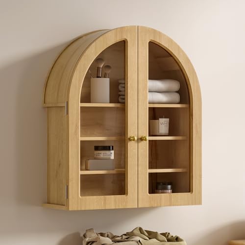 Large Arched Wall Cabinet, Bathroom Medicine Wall Mounted Cupboard, Modern Floating Storage Cabinet with Acrylic Door Adjustable Shelf, Wood Organizer (Natural Oak)