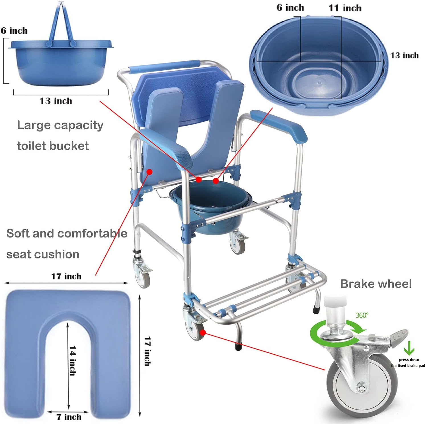 Shower Chair with Wheels 3 in 1 Commode Chair for Toilet with Arms Waterproof Rolling Transport Chair Bedside Commode for Seniors and Disabled, Weight Capacity 350lbs