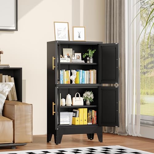 75.2" Tall Metal Pantry Cabinet, Storage Cabinets with 4 Door and 4 Adjustable Shelves, Black Kitchen Pantry Storage Cabinet, Freestanding Cupboard for Kitchen Dining Room Living Room Bathroom