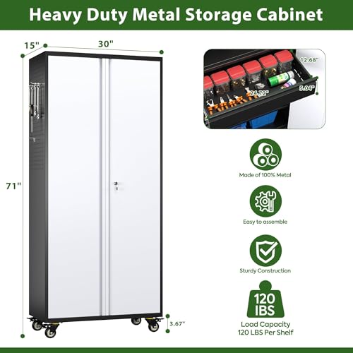 Aobabo Garage Storage Cabinet with Wheels,72" H Metal Storage Cabinet with 2 Doors and 4 Adjustable Shelves for Garage Home, Black,Required-Assembly