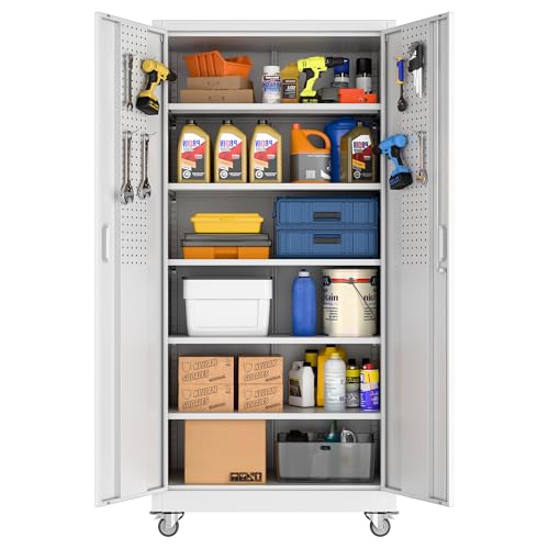 73" H Metal Storage Cabinet with Wheels, Garage Storage Cabinet with 4 Adjustable Shelves and Lockable Doors for Garage Home Office Utility Room,Required Assembly,Black
