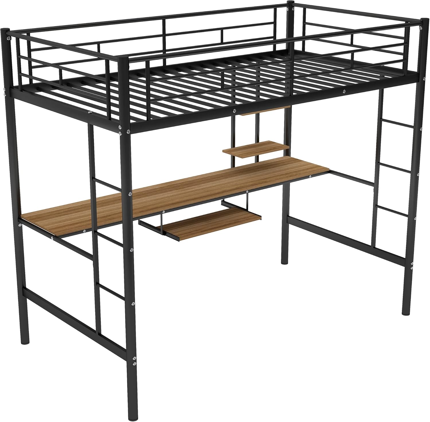 MERITLINE Metal High Loft Bed, Twin Study Loft Bed with Desk and Storage Shelf, Safety Rail and Ladder, Loft Bed for Children (Black with Keyboard Tray)