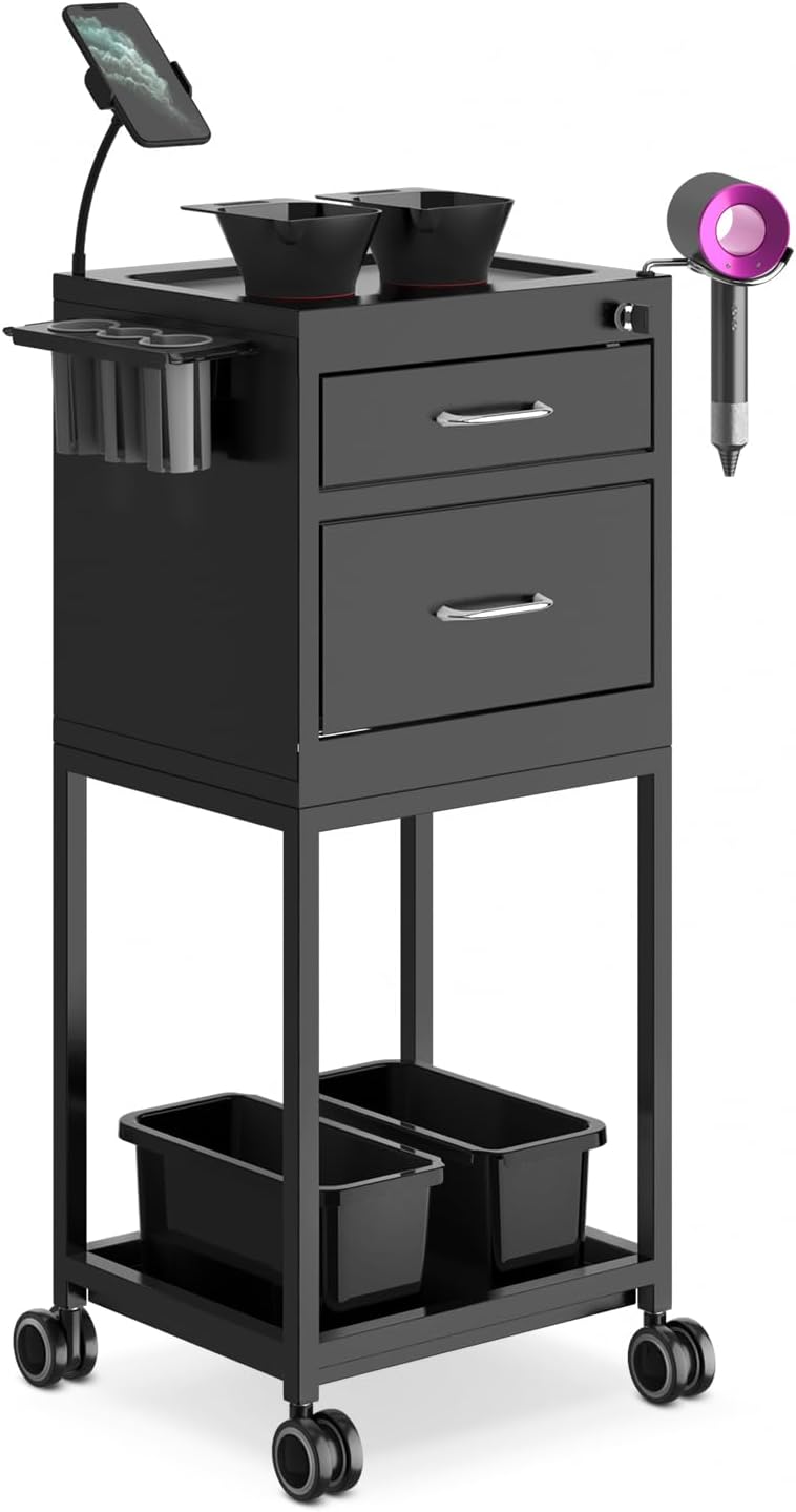 Salon Cart Lockable Metal Storage Cart Salon Trolley with Wheels Sturdy Rolling Cart, High End Trolley with 2 Magnetic Bowls for Salon, Tattoo, and Barber