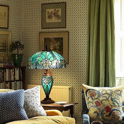 Tiffany Table Lamp with Night Light 16 inch Large Stained Glass Table Light Victorian Style Sea Green Antique 3 Light Desk Lamp for Living Room Bedroom Office
