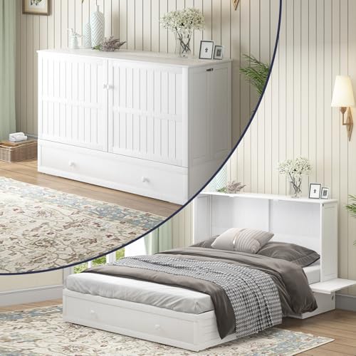 Murphy Cabinet Chest Bed, Elegant Queen Size Wall Bed with Charging Station, Storage Drawer, Solid Wood Frame and Folding Mattress, Ideal for Small Space and guest room -B (Burnt Orange)