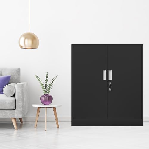 Metal Storage Cabinet with Locking Doors and 2 Adjustable Shelves, Small Lockable Storage Cabinet for Home Office Garage (Black)