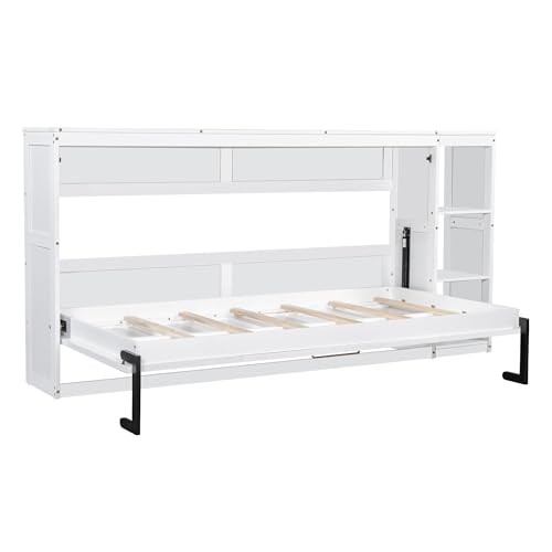 Full Size Horizontal Murphy Bed with Shelves, Full Murphy Bed with Side Bookcase, can be Folded into a Cabinet, Hideaway Wall Bed Space-Saving for Guest Room Bedroom Office, Natural