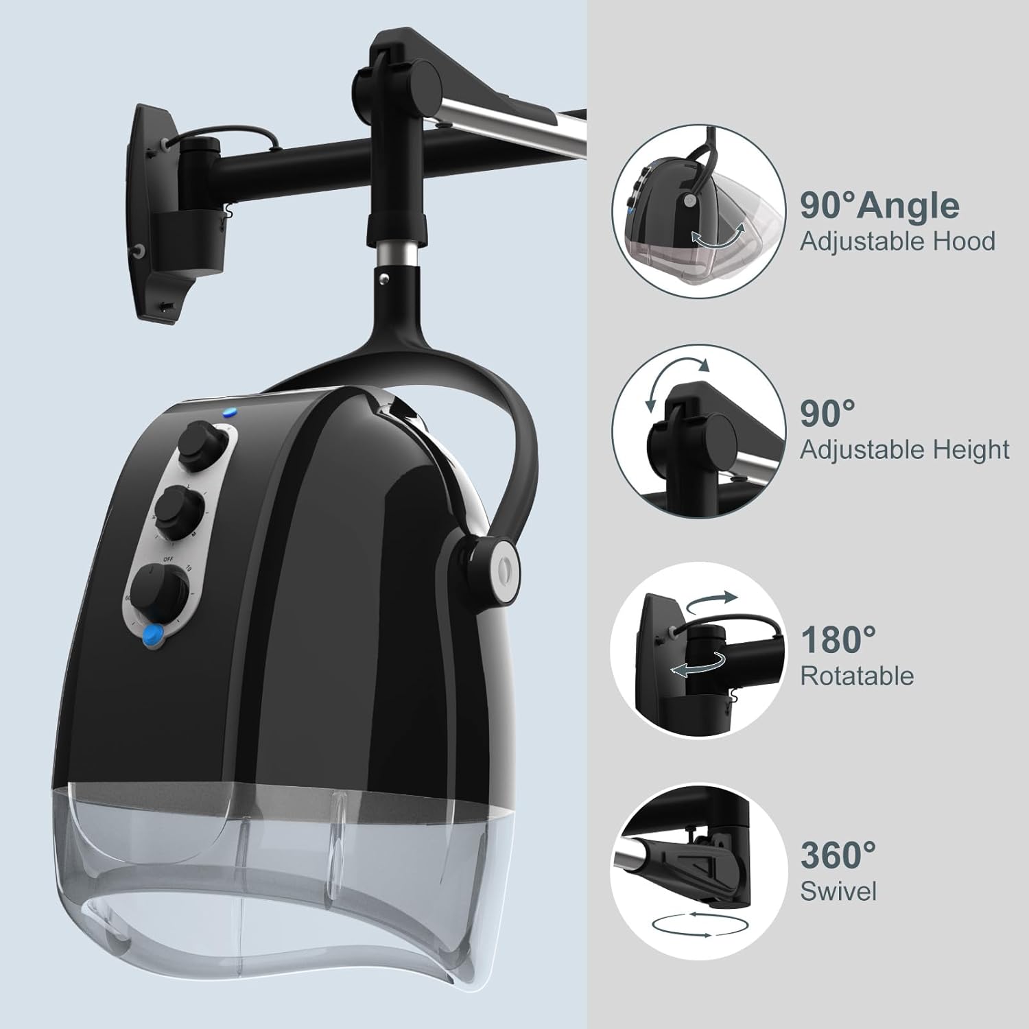 Wall Mount Hooded Salon Hair Dryer, Professional Ionic Hair Color Processor for Home, Temperature & Drying Adjustable, 60-Minute Timing