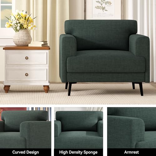Oversized Accent Chair, Linen Fabric Mid Century Modern Chair with Solid Wood Frame and Soft Cushion, Upholstered Linen Fabric Armchair Reading Chairs for Living Room Bedroom, Yellow