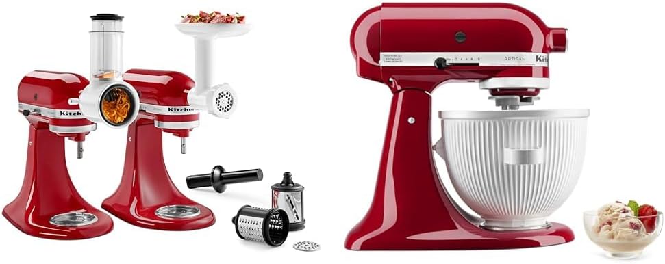 KitchenAid® Food Grinder + Fresh Prep Slicer/Shredder Attachment Bundle, White & Ice Cream Maker Attachment Stand Mixer, 2 Quart, White