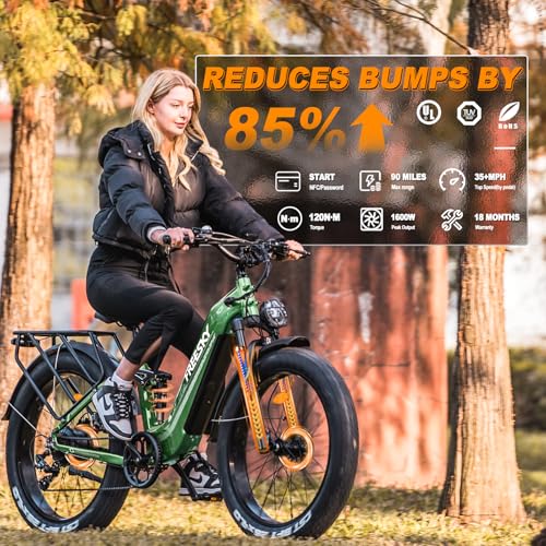 FREESKY Electric Bike for Adults 1600W Power Motor 48V 20 AH Ebike, Step-Thru Ebike up to 35MPH & 90Miles Max Range, 26'' Fat Tire Full Suspension Electric Bicycle for Man/Women