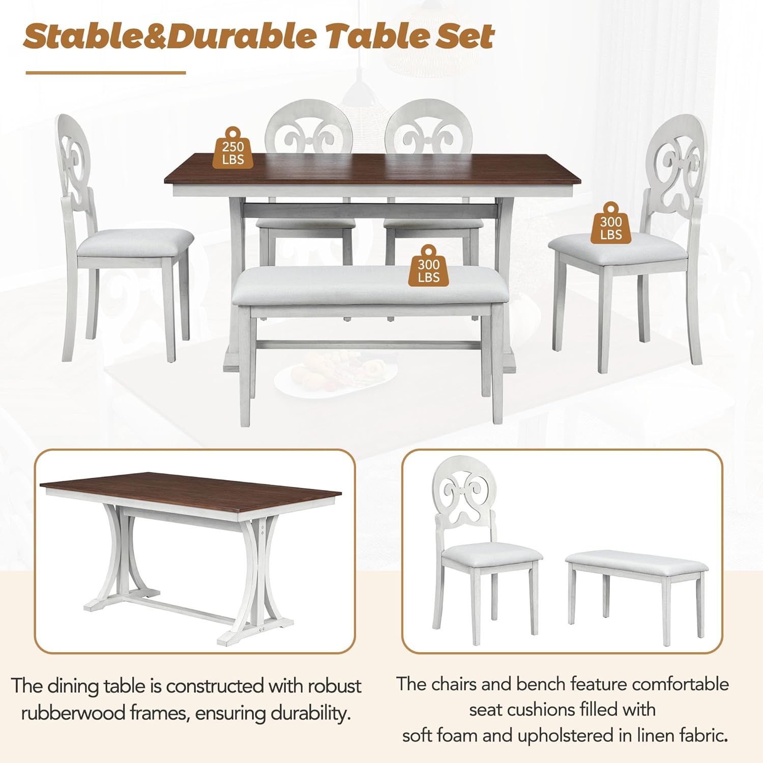 Mid-Century 6-Piece Trestle Table Set with Victorian Round Upholstered Dining Chairs,Vintage Wooden Rectangular Tabletop w/Long Bench,for Living Room/Hostel,Cherry+Antique White