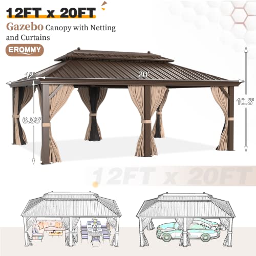 EROMMY 14'x20' Hardtop Gazebo Double Roof Galvanized Steel Canopy Outdoor Aluminum Frame Permanent Metal Pavilion with Netting and Curtains for Patio Backyard Deck and Lawns