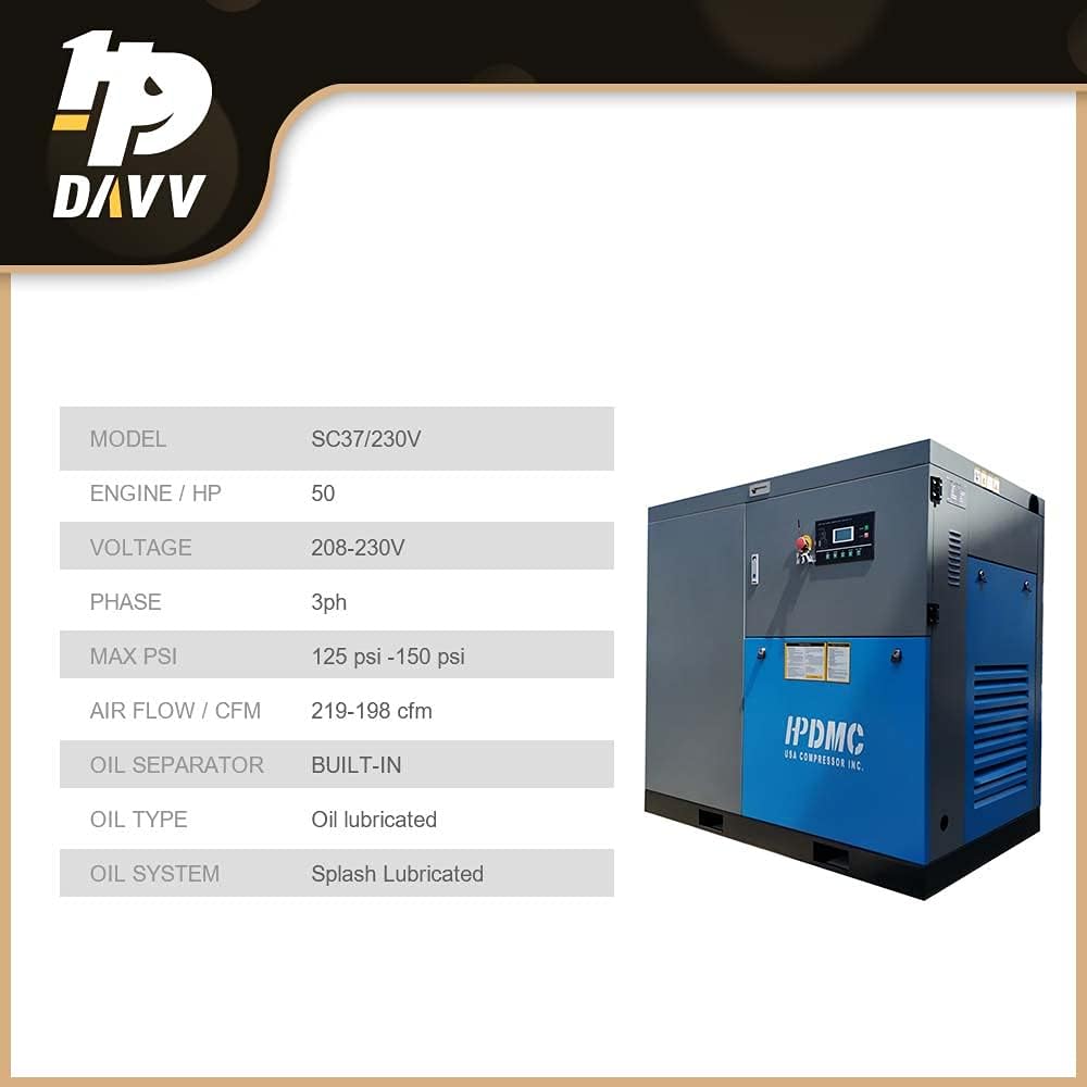 230V 3-Phase Rotary Screw Air Compressor 50HP 37KW - 198CFM@125PSI Base Mount Commercial Air Compressed System Heavy Duty Stationary Industrial Compressed Air Built-in Air Oil Separator - SC3723