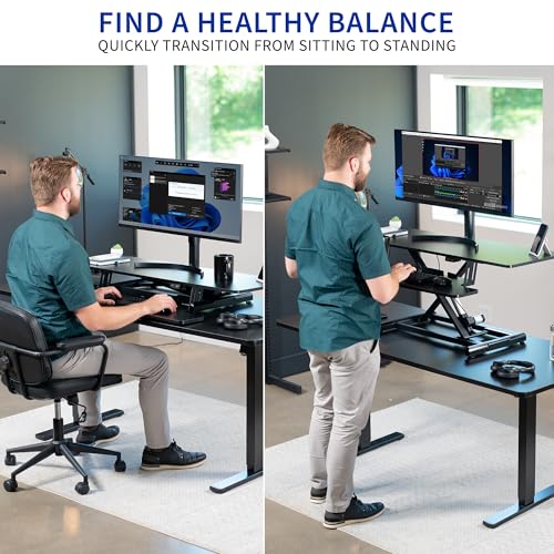 VIVO 42 inch Electric Motor Desk Converter, Height Adjustable Riser, Sit to Stand Dual Monitor and Laptop Workstation with Wide Keyboard Tray, Black, DESK-VE42B