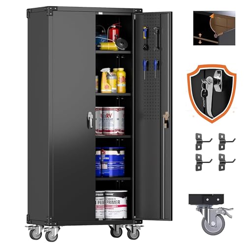 73" H Metal Storage Cabinet with Wheels, Garage Storage Cabinet with 4 Adjustable Shelves and Lockable Doors for Garage Home Office Utility Room,Required Assembly,Black
