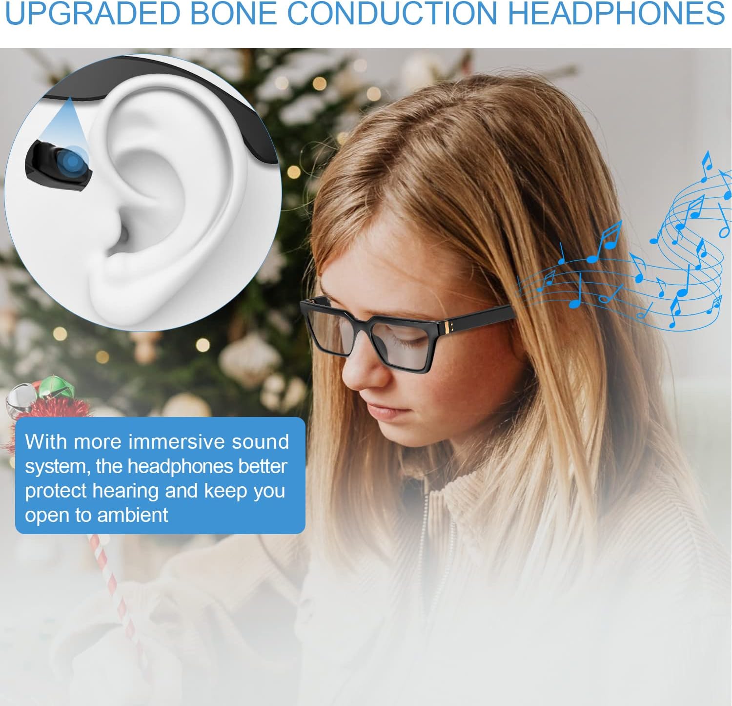 [2022 Version] Bone Conduction Glasses Headphones, Smart Glasses with Immersive Sound, Voice Assistant, Anti Blue Light and Photochromice Lenses, True Wireless Bluetooth Glasses for Men/Woman
