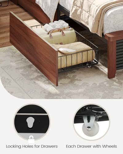 VIAGDO Wood Bed Frame Full Size with 4 Storage Drawers and Charging Station, Fluted Led Full Bed Frame with 2 Tier Storage Headboard, No Box Spring Needed,Wood
