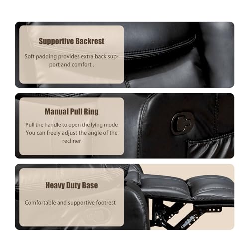 Recliner Chair, PU Leather Recliners with Massage and Heating, 37" Width Reclining Chair Sofa for Living Room, Bedroom, Nursery, Manual Recliner Chairs for Reading/Nap/Relax/Casual（Air Leather, Black）