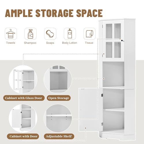 Tall Corner Cabinet,Free Standing Corner Storage Cabinet with Adjustable Shelves and Doors,Open Storage for Bathroom Kitchen Living Room White