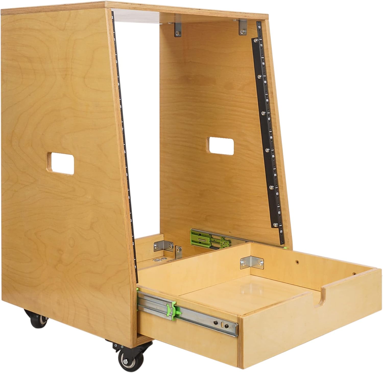 Sound Town 12U DIY Slanted Studio Rack with 12U Rack Space, Extra 2U Drawer, Plywood, Rubber Feet, Casters, Weathered Gray (SDRK-12TBD2)