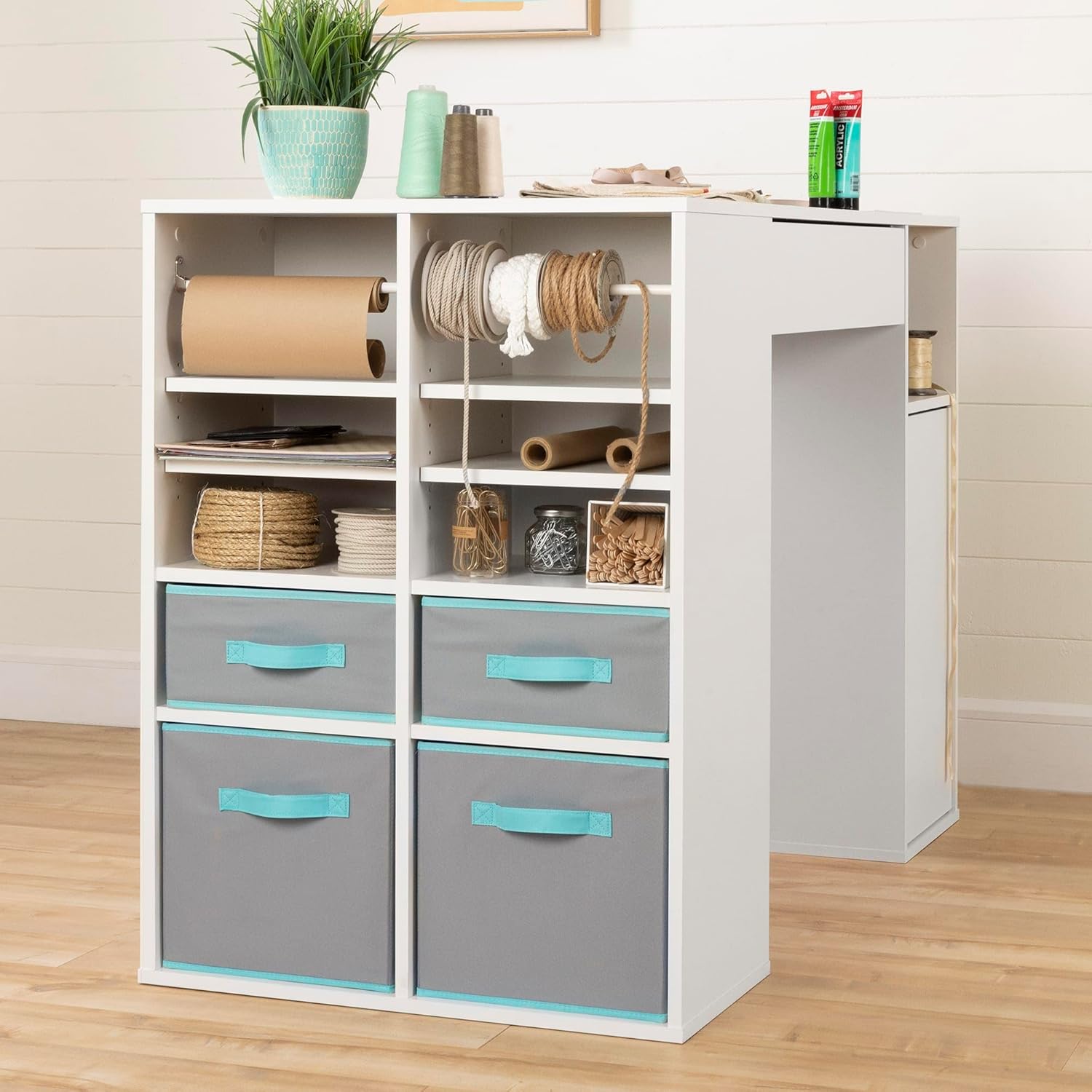South Shore Crea Counter-Height Craft Table with Scratchproof Surface and Interchangeable Modules - 4 baskets included, Pure White