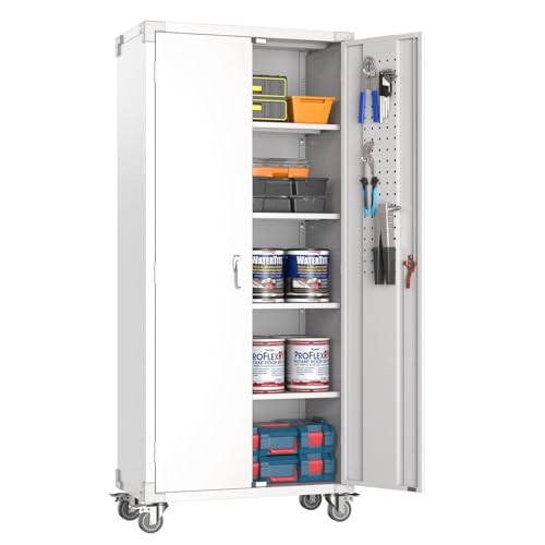 73" H Metal Storage Cabinet with Wheels, Garage Storage Cabinet with 4 Adjustable Shelves and Lockable Doors for Garage Home Office Utility Room,Required Assembly,Black