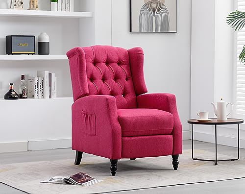 KINFFICT Mid Century Wingback Recliner Chair, Push Back Accent Armchair with Side Pocket, Modern Lounge Chair Single Sofa Arm Chair for Living Room, Bedroom, Office, Rose Red