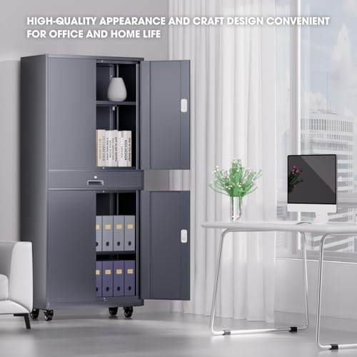 DNA MOTORING 71'' Metal Storage Cabinet, Locking Tool Cabinet with 1 Drawer and Adjustable Shelves, Lockable Heavy Duty Metal Locker for Garage,Office,Home,Gym, Gray, TOOLS-00629-GY-GY-A