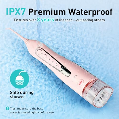COSLUS Water Dental Flosser Teeth Pick: Portable Cordless Oral Irrigator 300ML Rechargeable Travel Irrigation Cleaner IPX7 Waterproof Electric Flossing Machine for Teeth Cleaning F5020E