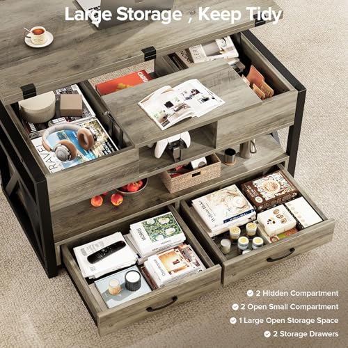 40" Lift Top Coffee Table,4 in 1 Multi-Function Lift Coffee Tables with Storage Drawers and Hidden Compartmen,Farmhouse Coffee Table with Lifting top for Living Room,Black