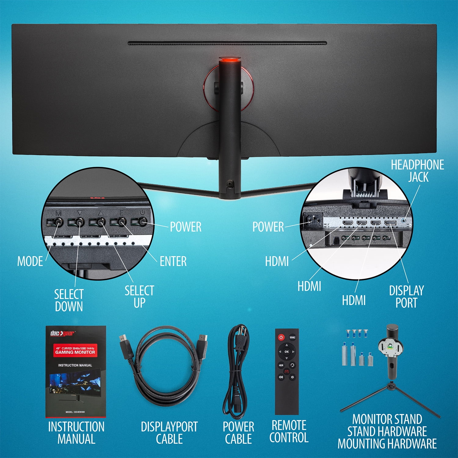 Deco Gear 49" Curved Ultrawide E-LED Gaming Monitor, 32:9 Aspect Ratio, Immersive 3840x1080 Resolution, 144Hz Refresh Rate, 3000:1 Contrast Ratio (DGVIEW490)