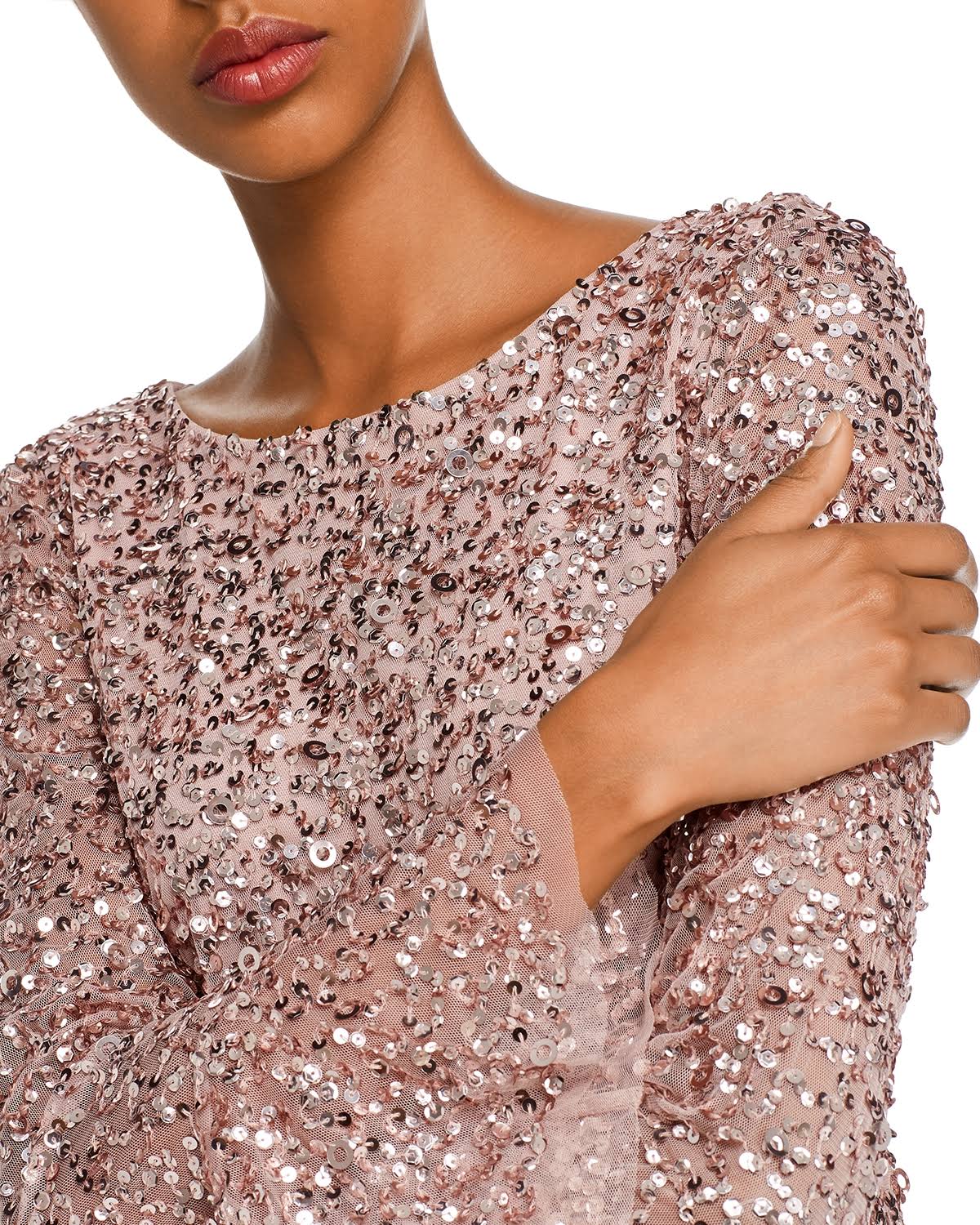 Adrianna Papell Beaded Evening Gown with Bell Sleeves - Pink