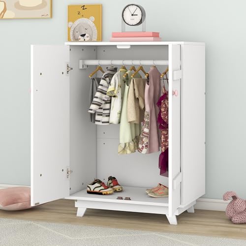 Merax Wooden Wardrobe Cabinet with Hanging Rod, Wood Closet for Bedroom Storage Armoires with Doors, White