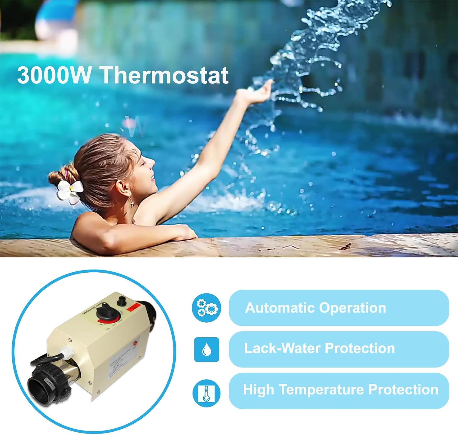 Pool Heater-3KW 220V Upgrade Thermostat Electric Swimming Pool Heater,Digital Touch Display Energy Efficient Pool Water Heater for Spas, Bathtubs and Above Ground in-Ground Pools.