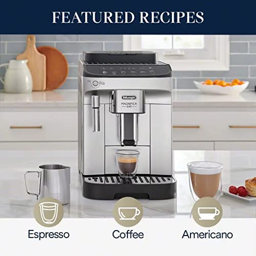De'Longhi Magnifica Evo with LatteCrema System, Fully Automatic Machine Bean to Cup Espresso Cappuccino and Iced Coffee Maker, Colored Touch Display, Black, Silver