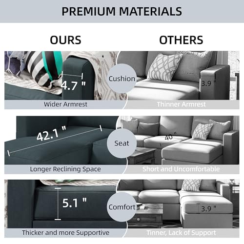 Shintenchi Upholstered Convertible Sectional Sofa for Living Room, 3 Seat L Shaped Couches with Storage Function Ottoman, Modern Linen Convertible Sofas with Reversible Chaise