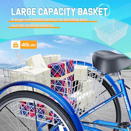 Outroad Adult Tricycle, 24/26 inch 7 Speed Cruiser Trike, 3 Wheel Bikes with Large Basket for Seniors, Women, Men, Adult Trikes for Shopping Picnic Outdoor Sports,26 inch Blue