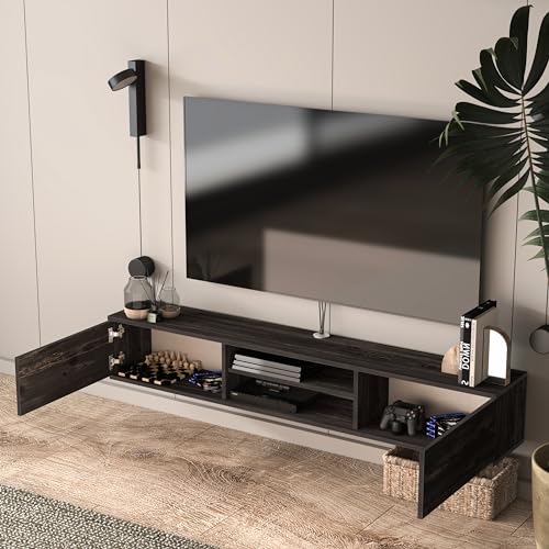 Atelier Mobili Floating TV Stand, 70 inch TV Stand for 75 inch TV, Floating TV Stand Wall Mounted, Floating Entertainment Center, TV Stands for Living Room, Black TV Stand (Black Oak)