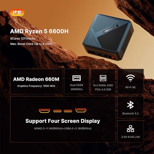 E2 Mini PC, Desktop Computers Ryzen 5 3550H, 16GB RAM 512GB NVMe SSD, Triple Display PC, USB-C & Dual HDMI Ports, Gigabit Ethernet, for Office, Business, School Work