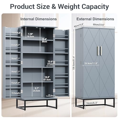 51” Pantry Cabinets, White Freestanding Kitchen Pantry Storage Cabinet with Adjustable Shelves, Buffet Cupboards Storage Cabinet for Home Office Use, White + Gold